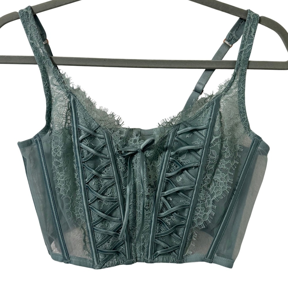 Victorias‎ Secret Fairy Corset Top L Teal Unlined Lace Up Coquette Balletcore